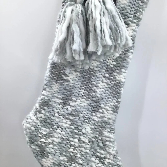 NWT Rachel Zoe Knit Christmas Stocking Large Tassels Blue Cream Grey Yarn Winter - Picture 3 of 10